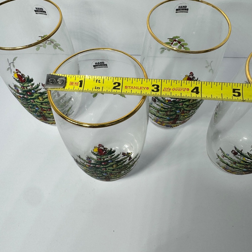 Spode Christmas Tree 6" Holiday Glass Tumblers 16oz Gold Rim Set of 4 with Box - Picture 8 of 11